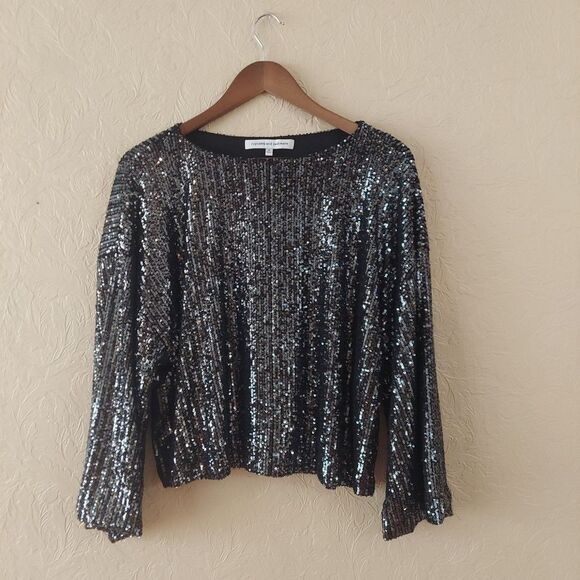 Cupcakes And Cashmere Black/Silver Sequin Boxy Fit Party Top Sz Small - Picture 1 of 9